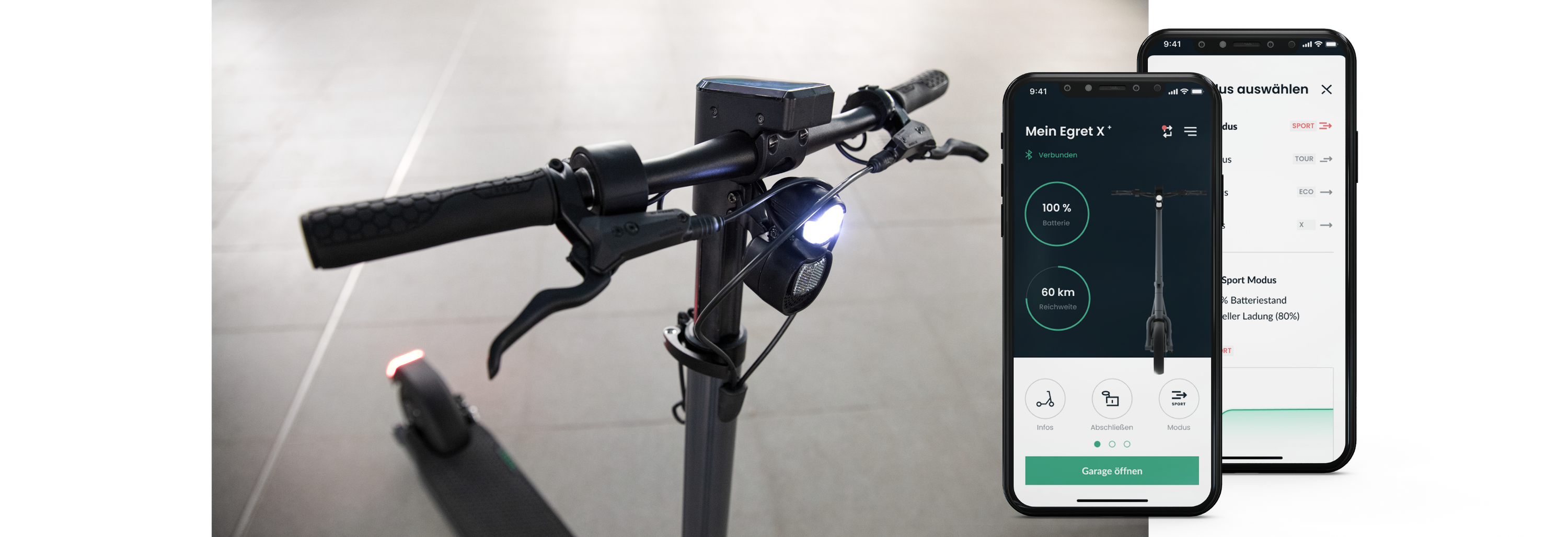 E-Scooter neben Smartphone mit geöffneter Egret App E-Scooter neben Smartphone mit geöffneter Egret App