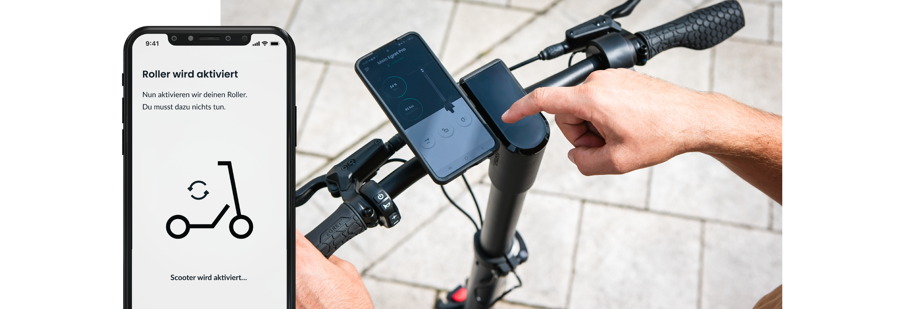 E-Scooter neben Smartphone mit geöffneter Egret App E-Scooter neben Smartphone mit geöffneter Egret App